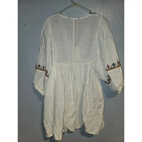 Zara Boho Embroidered White V-Neck Balloon Sleeve Mini Babydoll Dress XS - Picture 5 of 6